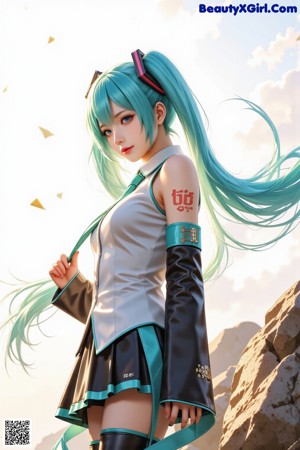 A woman with long blue hair sitting on a bed.