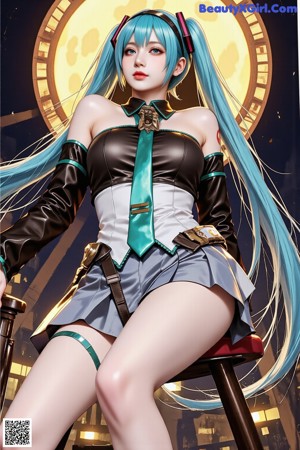 Anime girl with long blue hair wearing a white shirt and black shorts.