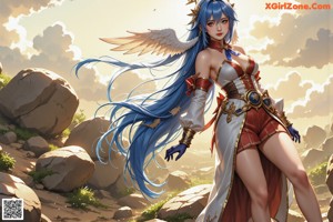 A woman with blue hair wearing a red jacket and white gloves.