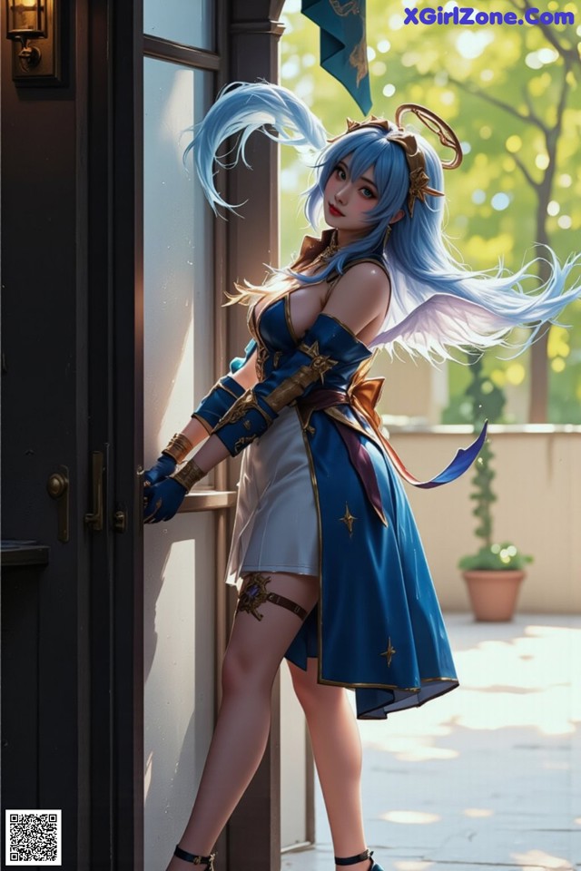 Hentai - Captivating Grace of the Cosmic Maiden Set.1 20250124 Part 1 No.acb82a A woman in a blue and white outfit leaning against a door.