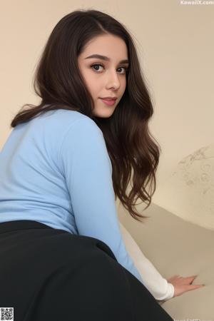 A beautiful young woman laying on a bed smiling.
