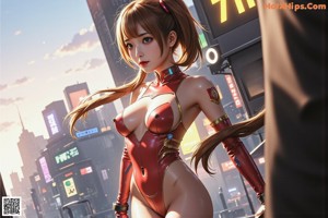 A woman in a red and black outfit standing in the middle of a city.