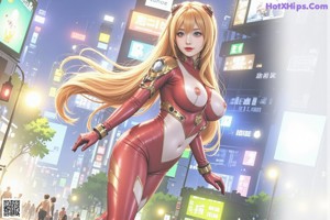 A woman in a red and black outfit standing in front of a city.