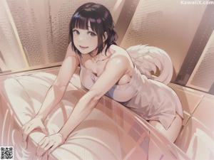 A woman in a white dress and black stockings is standing on some steps.