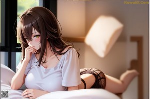 A 3D rendering of a naked woman looking out a window.