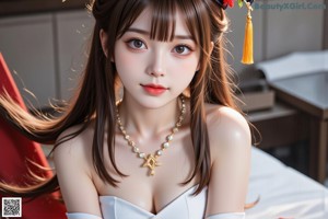 A woman with long brown hair wearing a brown dress and a red hat.