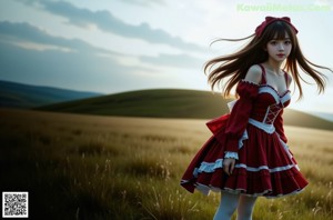 A woman in a red and white dress sitting in the grass.