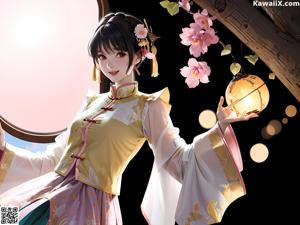 A woman in a yellow kimono standing in front of a window.