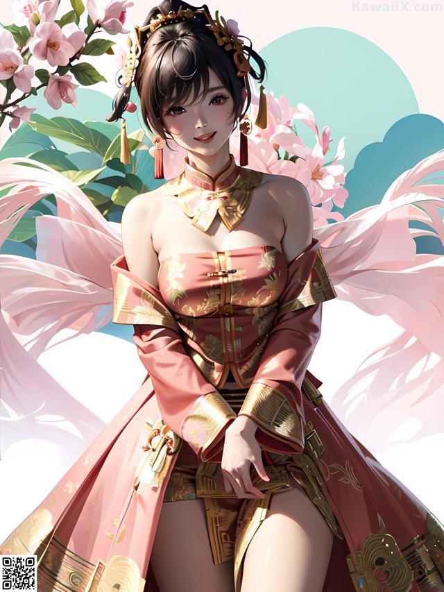 A woman in a pink kimono sitting in front of a tree.