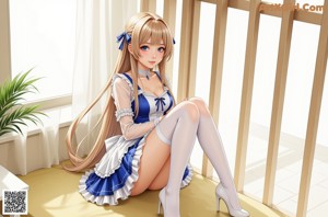 A woman in a blue and white dress sitting on a white box.