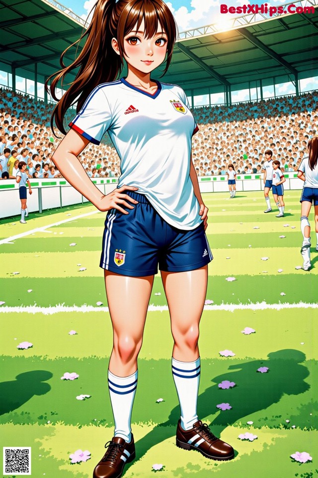 A woman standing on a soccer field in front of a crowd.