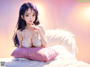 A woman sitting on a bed in a white shirt and blue shorts.