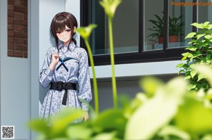 A woman standing in front of a window next to a pool.