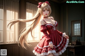 a woman in a red and white dress posing for a picture