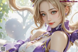 A woman in a purple and white outfit sitting on a rock.