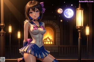 A woman in a sailor outfit standing next to a pool.