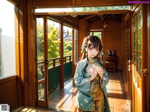 A woman in a blue and pink kimono standing on a porch.