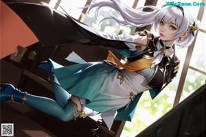 A woman with long white hair sitting on a window sill.