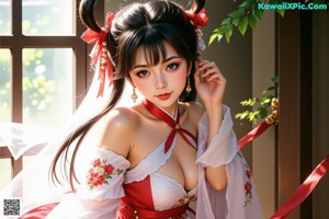 A woman in a red and white dress with long black hair.