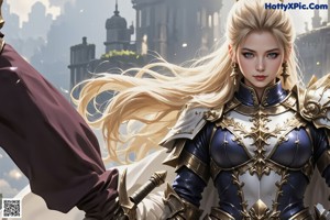 A woman in armor standing in front of a castle.