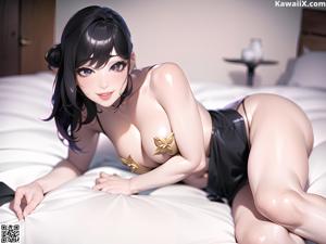 A woman in a black lingerie sitting on a chair.