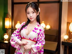 A woman in a pink kimono posing for the camera.