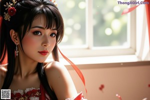 A woman in a white and red dress posing by a window.