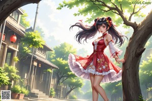 A woman in a red and white dress is posing for a picture.