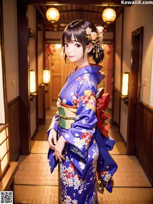 A woman in a blue kimono holding an umbrella.