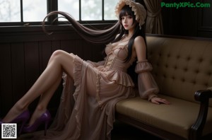 A woman in a white dress and purple shoes posing for a picture.