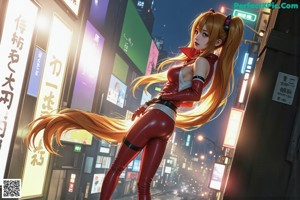 A woman in a white and red outfit standing in the middle of a city.