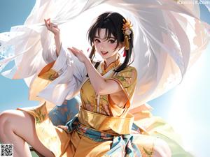 A woman in a yellow kimono posing for a picture.