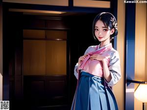 A woman in a kimono sitting on a bed.
