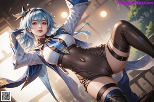 A woman with blue hair wearing a blue and white outfit.