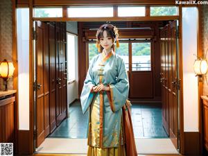 A woman in an orange kimono sitting on a bed.