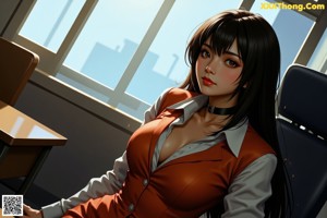 A woman in a brown suit sitting on a desk.