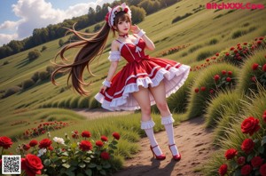a sexy asian woman in a red and white dress sitting on a bench