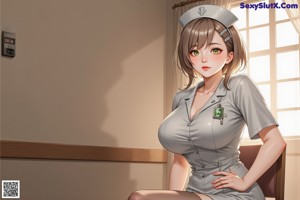 A woman in a white nurse outfit sitting on a desk.