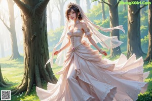 A woman in a wedding dress standing in the woods.