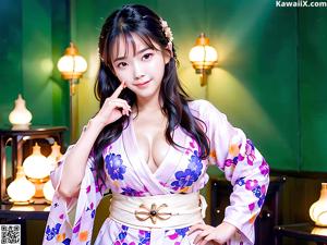 A woman in a pink kimono posing for a picture.