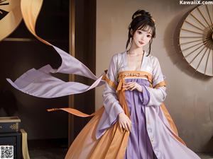 A woman in a blue and pink kimono sitting on a bed.