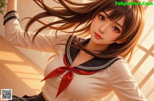 A woman in a school uniform is posing for a picture.