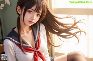A woman in a school uniform sitting on the floor.
