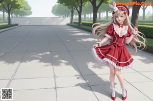 A woman in a red and white dress with a bunny headband.