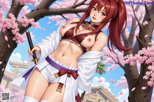 A woman in traditional attire stands by a pond with cherry blossoms and a sword.