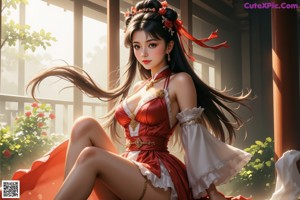 A woman in a red and white dress standing in front of a door.