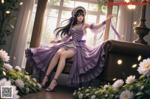 A woman in a purple dress standing in front of a window.