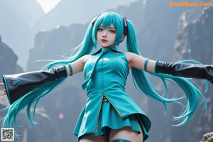 A woman with long green hair sitting on a ledge.