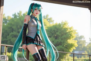 A woman with long blue hair sitting on a window sill.
