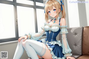 A woman in a blue dress and stockings posing for a picture.